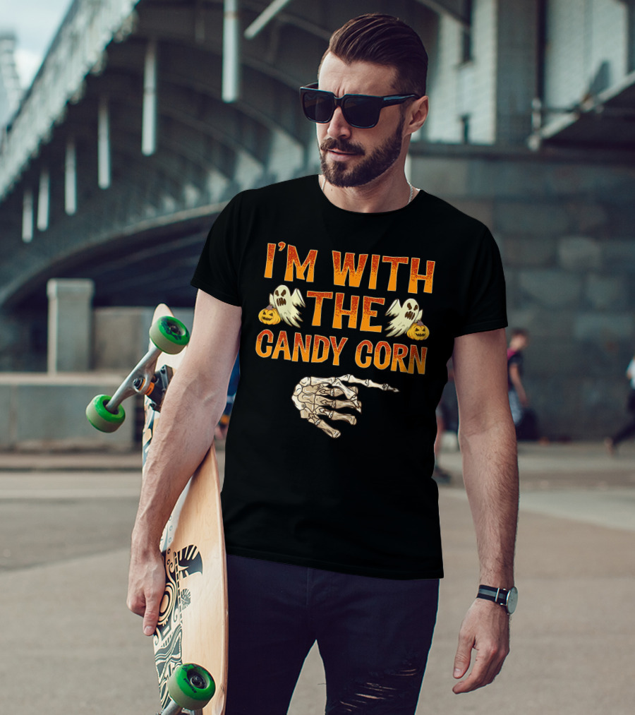 I'm With The Candy Corn Halloween Skeleton Hand Ghosts Pumpkins T-Shirt