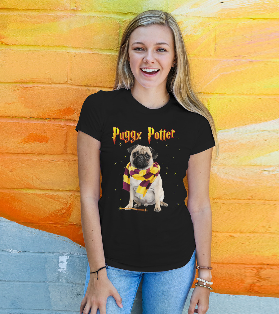 Puggy Potter Magic Wizard Pug With Scarf And Wand T-Shirt