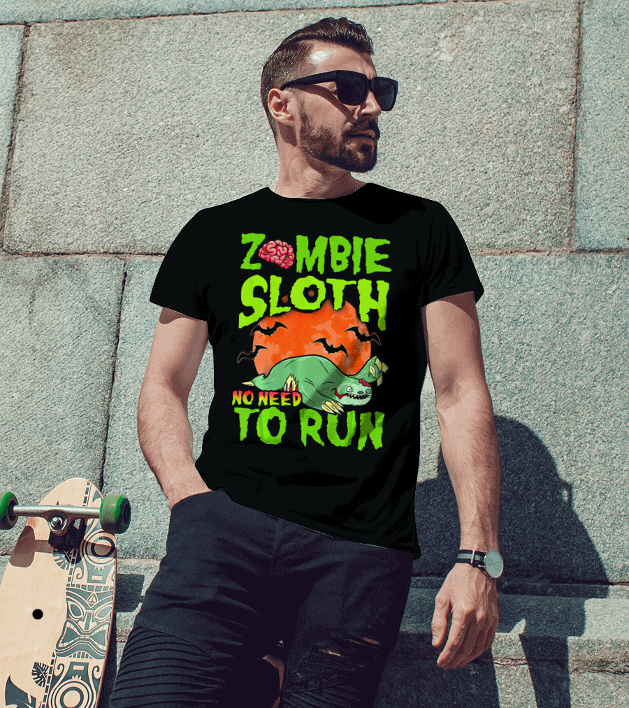 Zombie Sloth No Need To Run Halloween Brain Bats T-Shirt