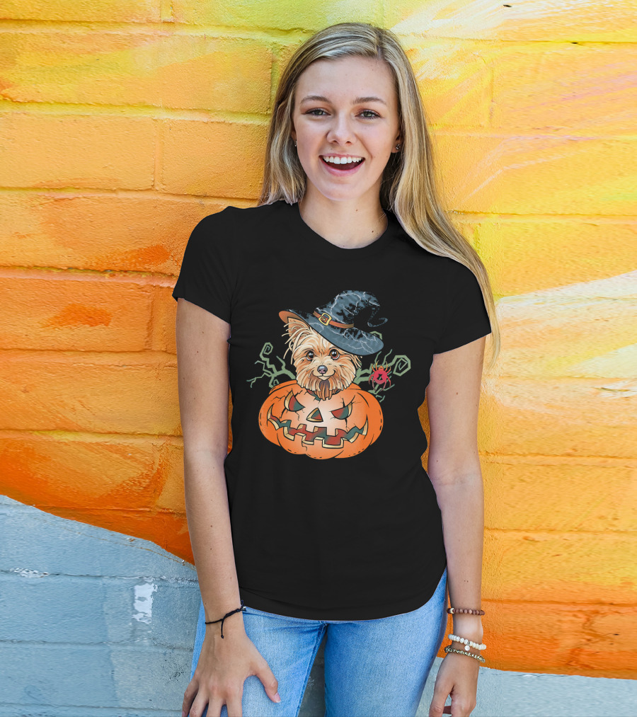 Yorkshire Terrier Witch Hat Pumpkin Halloween T-Shirt