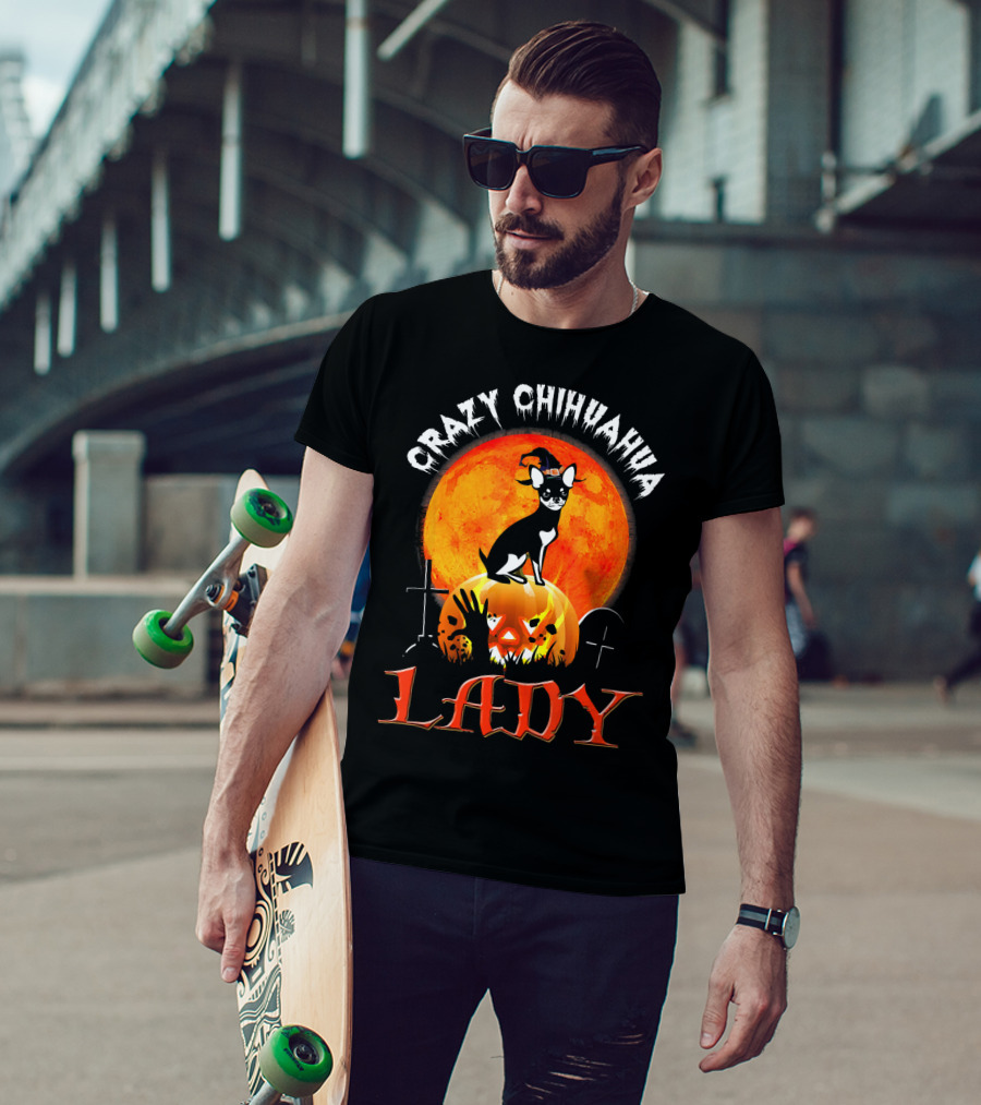 Crazy Chihuahua Lady Halloween Pumpkin Moon T-Shirt