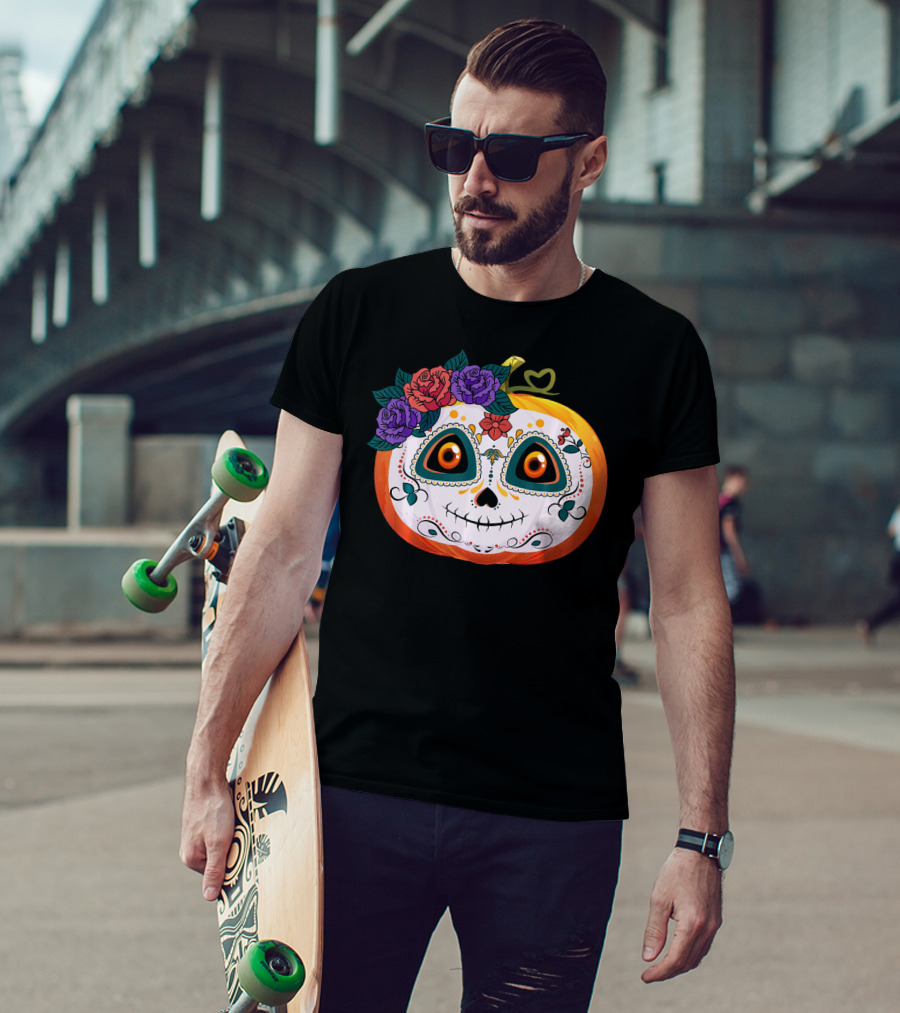 Pumpkin Floral Sugar Skull Jack O Lantern With Flowers T-Shirt