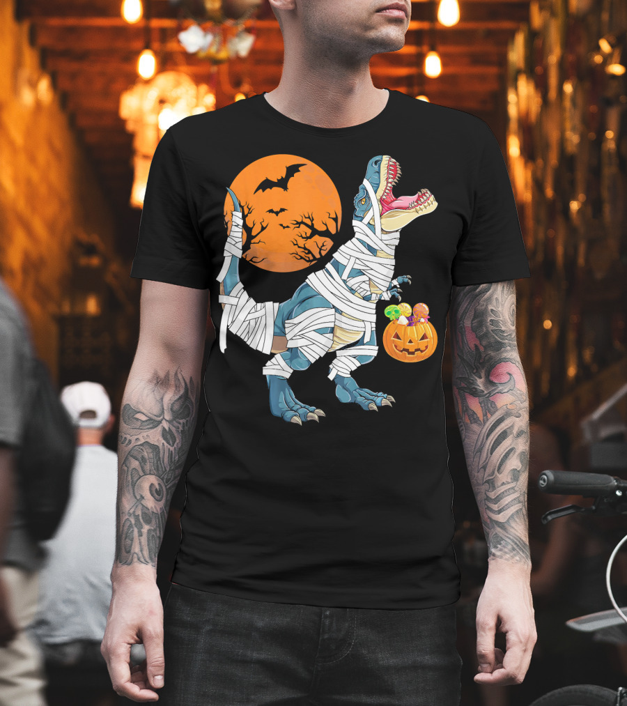 Halloween Dino Girls Kids Mummy Dinosaur Bats Pumpkin Moon T-Shirt