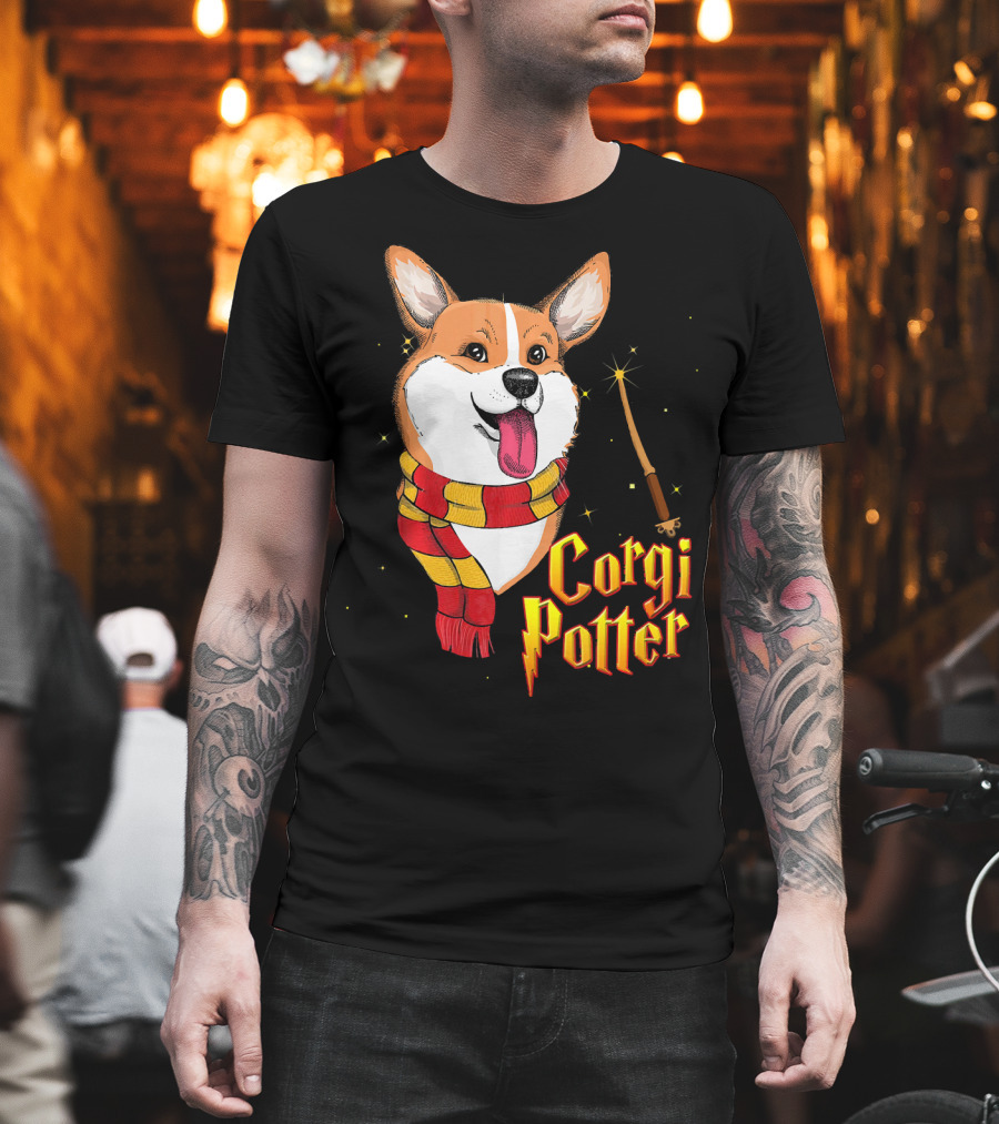 Corgi Potter Cute Harry Pawter Dog With Scarf And Wand T-Shirt