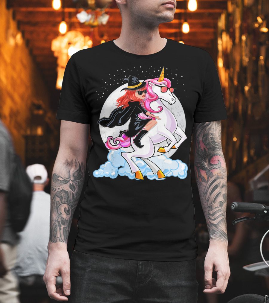 Halloween Witch Riding a Unicorn in Front of Full Moon T-Shirt
