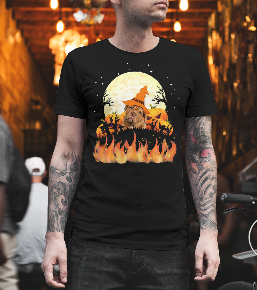 Dogue De Bordeaux Dog Lovers Halloween Full Moon Witch Hat Pumpkin Fire Scene T-Shirt