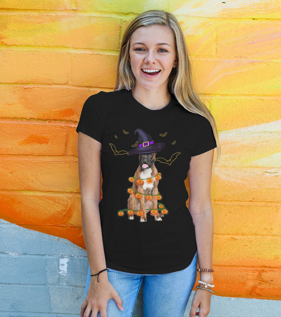 Halloween Boxer Dog Pumpkin Lights Witch Hat Fun T-Shirt