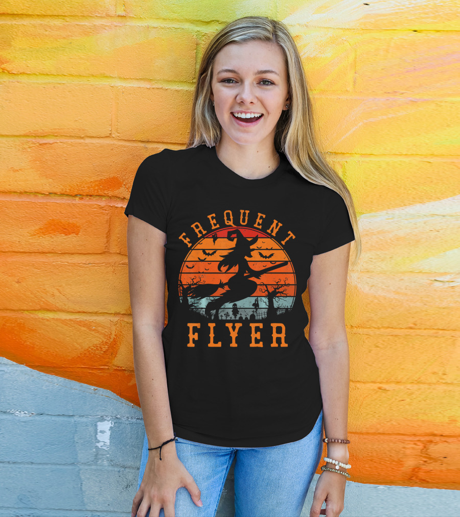 Frequent Flyer Witch Silhouette Halloween Bats And Graveyard Scene T-Shirt