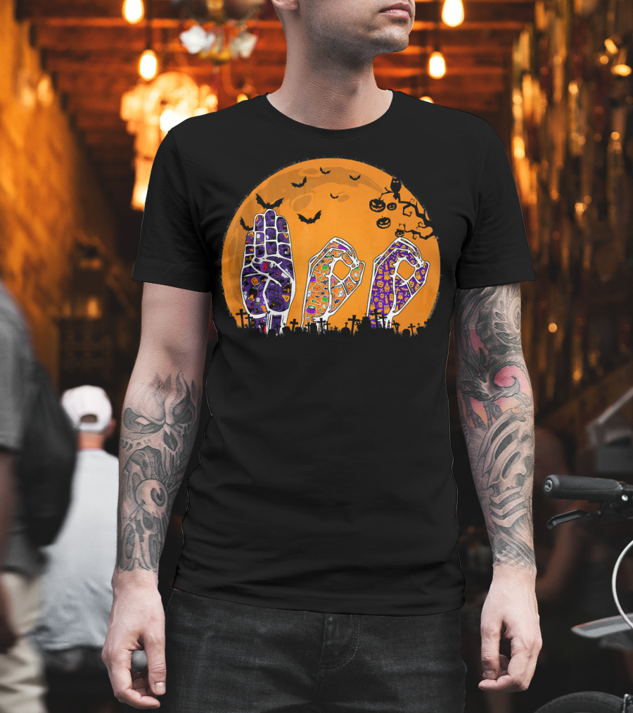 Pride ASL Boo Halloween Sign Language Moon Bats Jack-O'-Lanterns T-Shirt