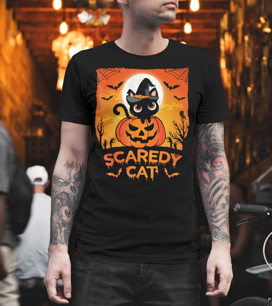 Scaredy Cat Halloween Kitten on Pumpkin With Witch Hat and Bats T-Shirt