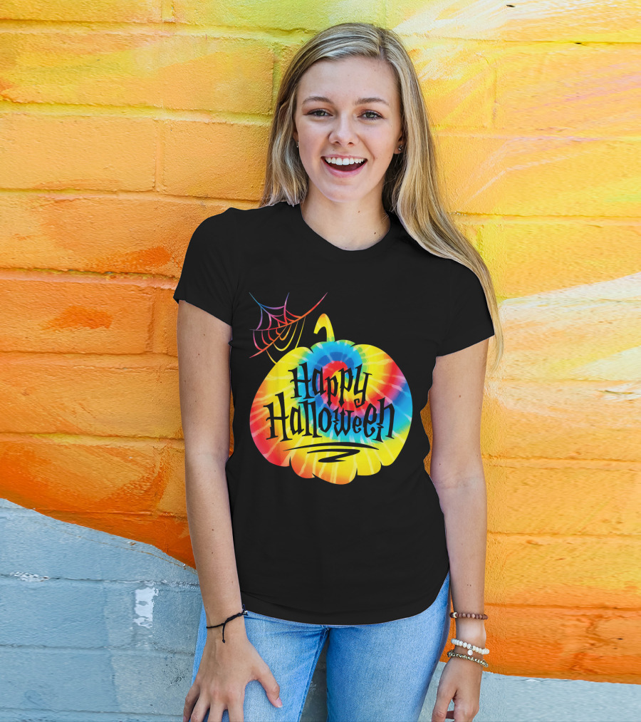 Tie Dye Pumpkin Happy Halloween Spiderweb T-Shirt