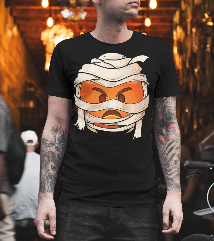 Pouting Face Mummy Emoji Halloween Wrapped in Bandages T-Shirt