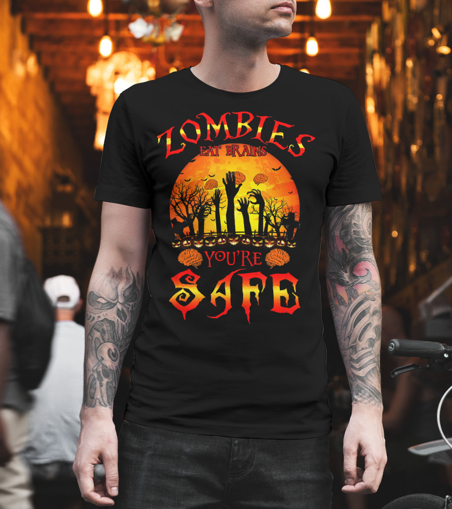 Zombies Eat Brains You're Safe Halloween Rising Hands And Brains Silhouette Sunset T-Shirt