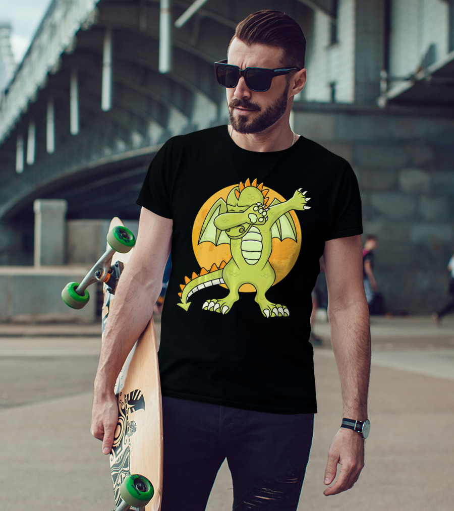 Halloween Dabbing Dragon With Orange Moon Background T-Shirt