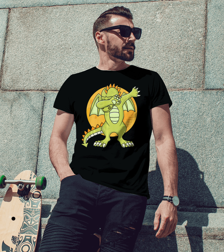 Halloween Dabbing Dragon With Orange Moon Background T-Shirt