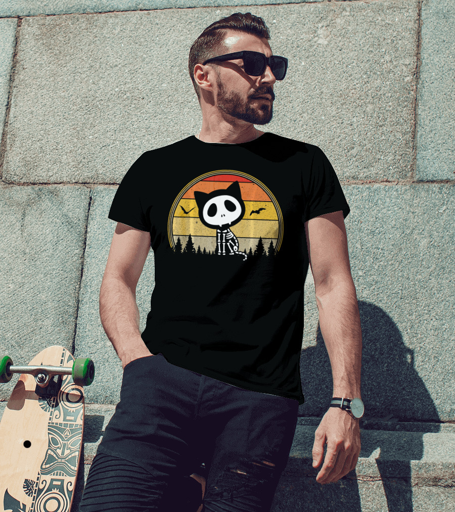 Cat Skeleton Spooky Vampire Halloween Vintage Sunset Forest Bats T-Shirt