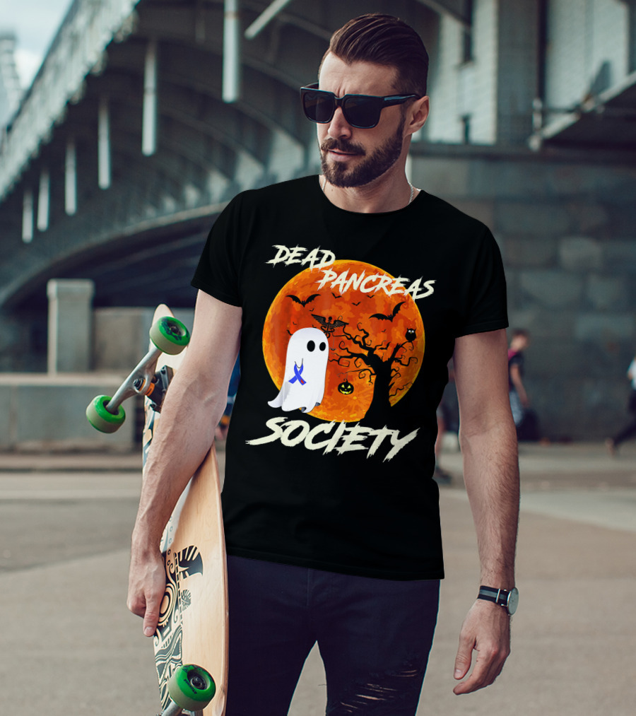 Dead Pancreas Society Ghost Halloween Moon Bats Pumpkin T-Shirt