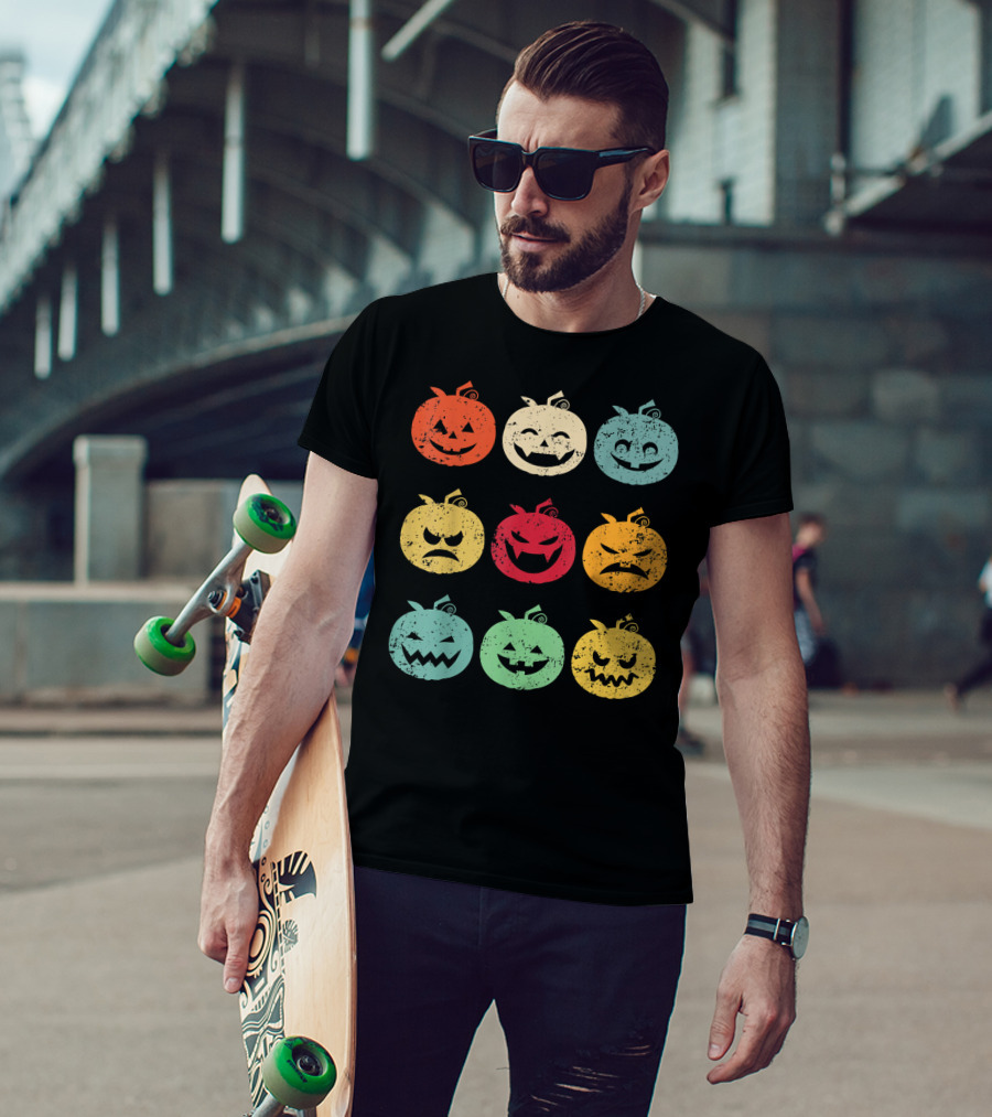 Vintage Pumpkin Emoji Halloween Faces In Nine Colorful Expressions T-Shirt