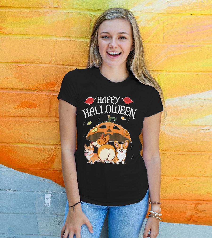 Happy Halloween Welsh Corgis Pumpkin Umbrella Rain T-Shirt