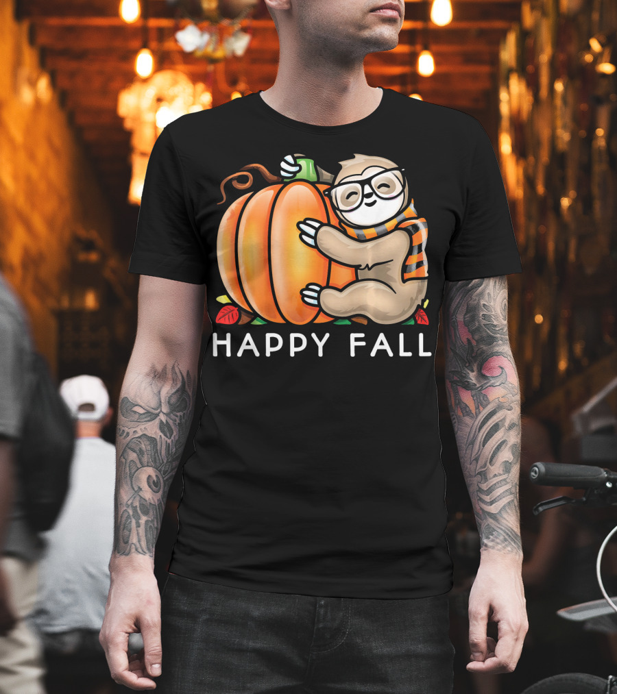 Happy Fall Cute Sloth Glasses Scarf Pumpkin Hug T-Shirt