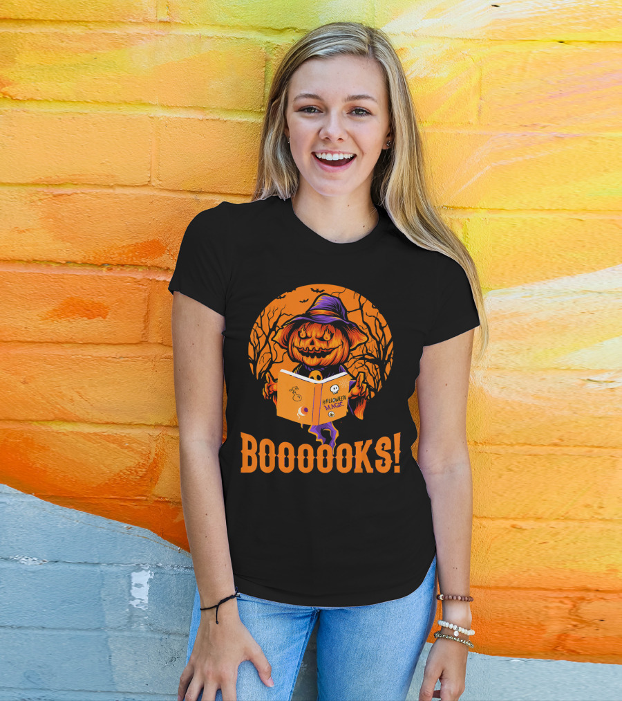 BOOOOKS Halloween Magic Pumpkin Reading Spooky Trees T-Shirt