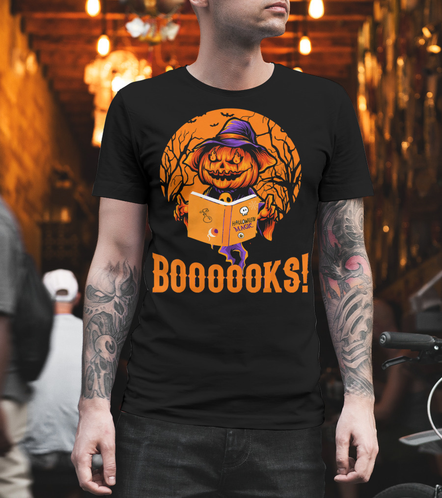 BOOOOKS Halloween Magic Pumpkin Reading Spooky Trees T-Shirt