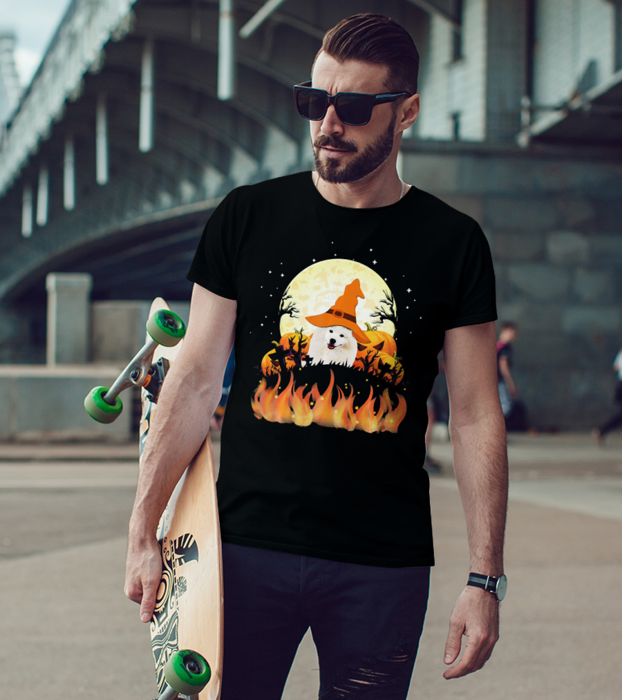 American Eskimo Dog Halloween Witch Moon Pumpkins Flames T-Shirt