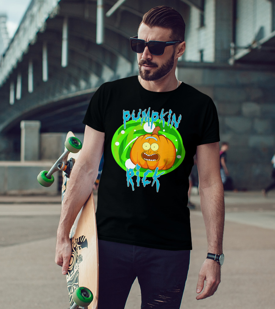 Pumpkin Rick Halloween Parody With Green Portal And Cartoon Face T-Shirt