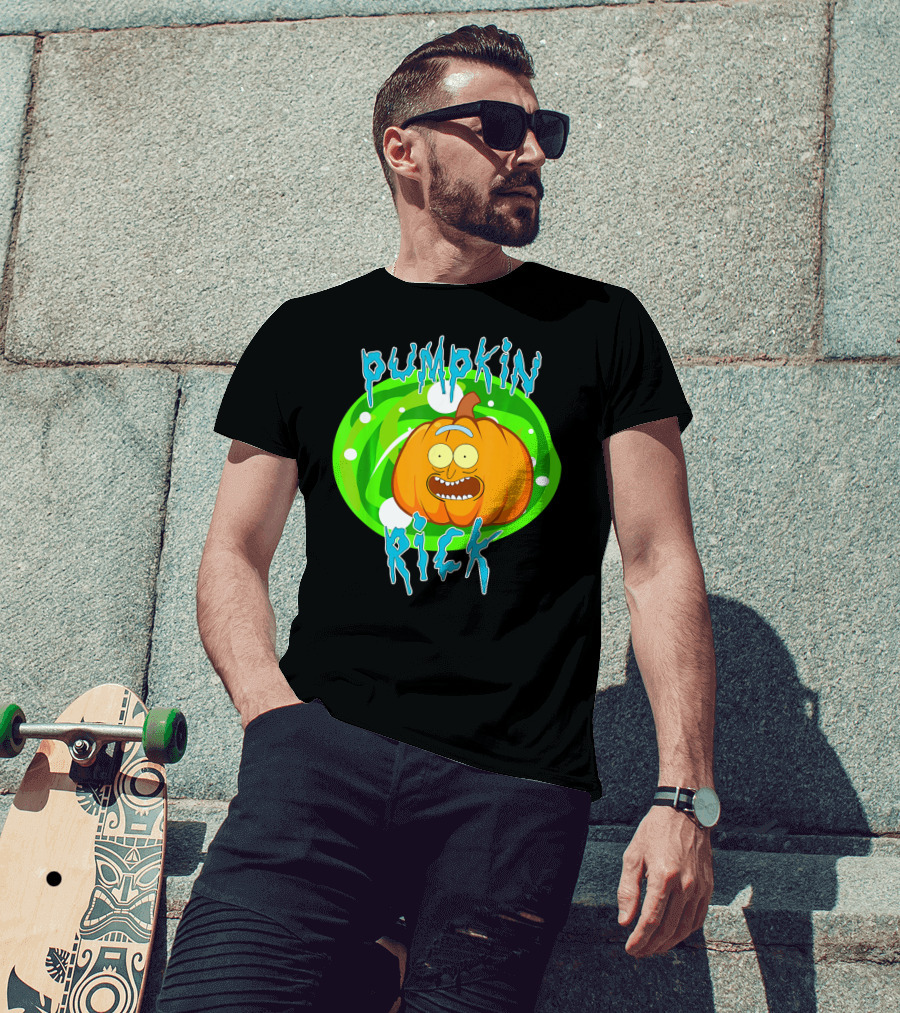 Pumpkin Rick Halloween Parody With Green Portal And Cartoon Face T-Shirt