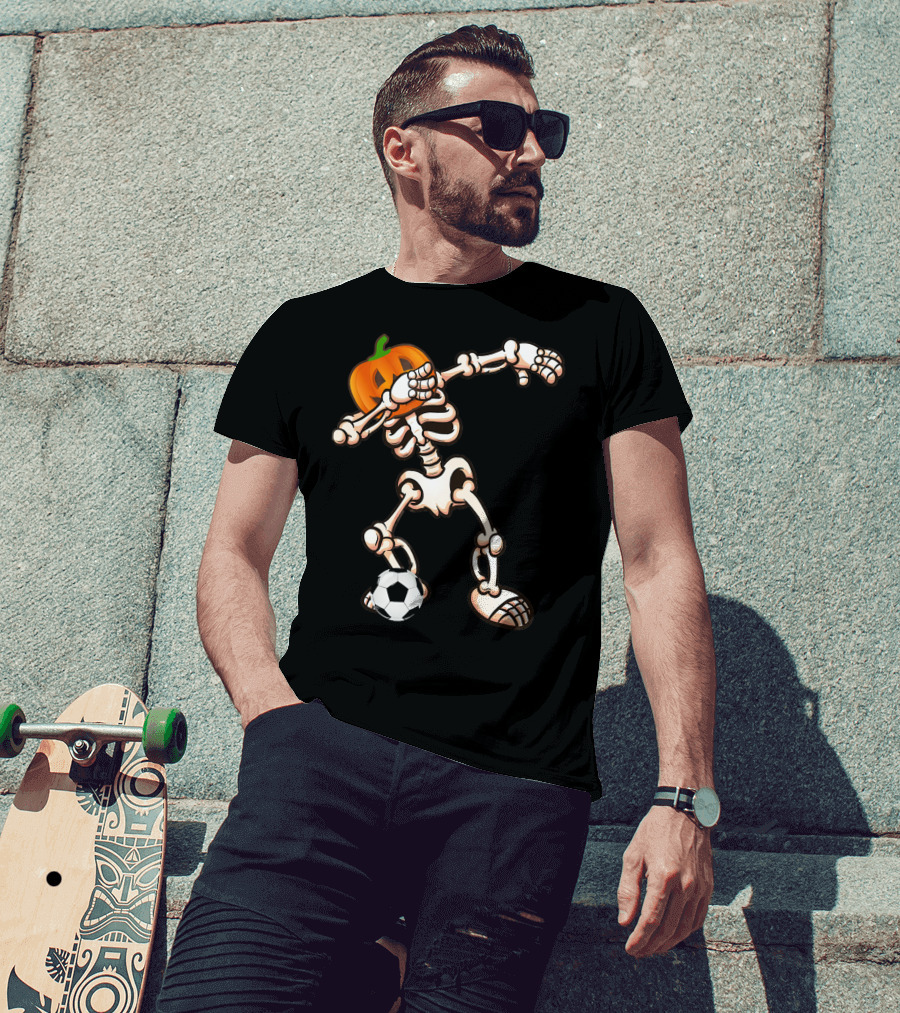 Funny Halloween Dabbing Skeleton Pumpkin Head With Soccer Ball T-Shirt