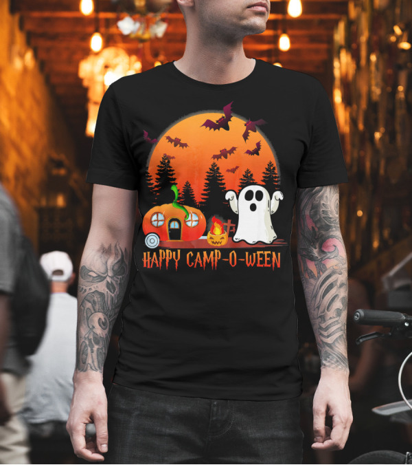 Happy Camp O Ween Funny Pumpkin Boo Ghost Moon with Bat Silhouette in Spooky Forest T-Shirt Happy Camp O Ween Funny Pumpkin Boo Ghost Moon with Bat Silhouette in Spooky Forest T-Shirt