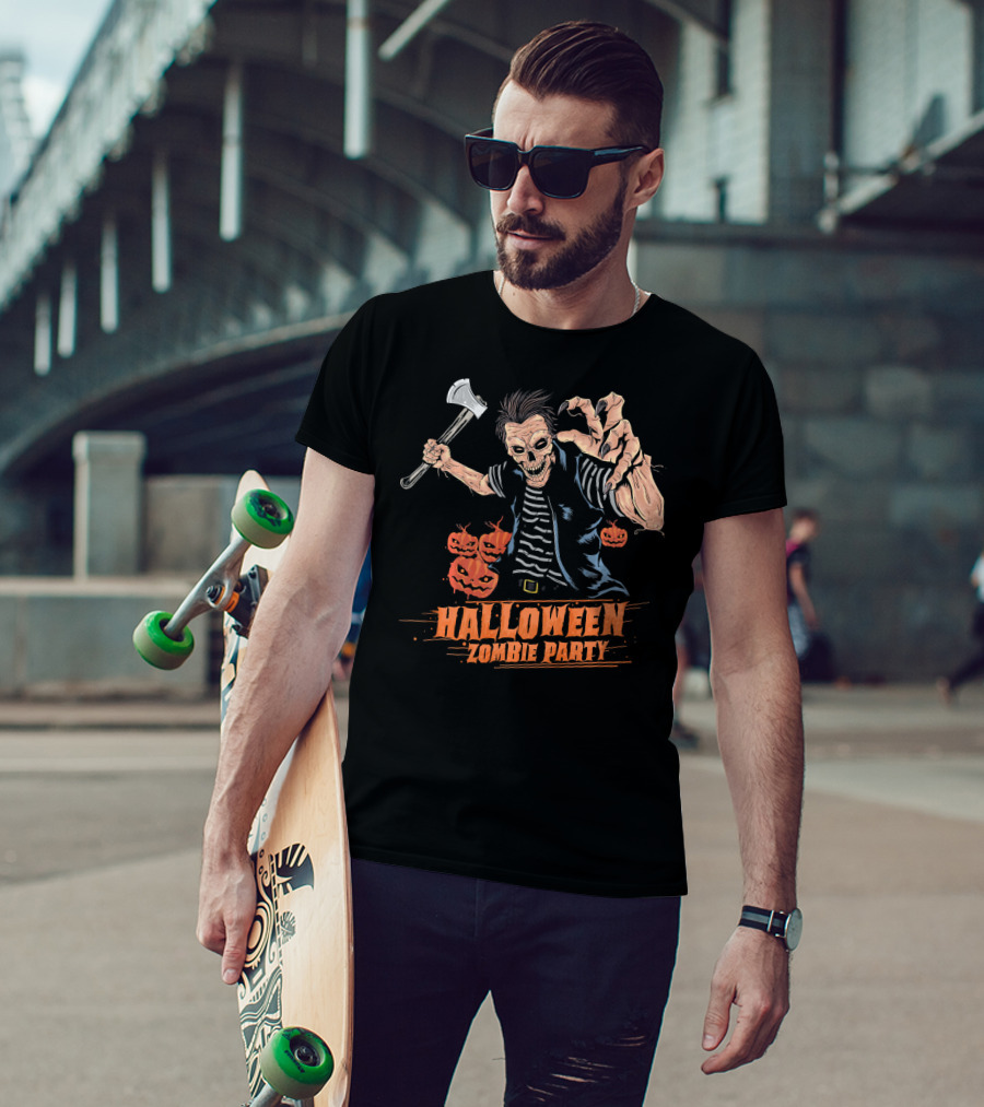 Halloween Zombie Party Scary Zom Axe-Wielding Zombie And Pumpkins T-Shirt