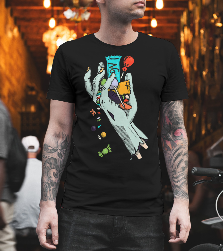 Holidaze Trick or Treat Zombie Hand No Treats Candies Balloon T-Shirt