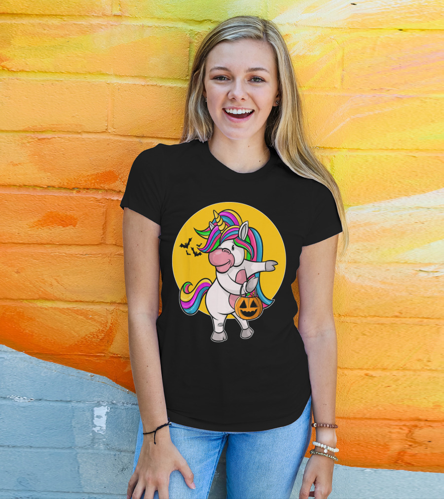 Flossing Unicorn Halloween Pumpkin And Bats T-Shirt