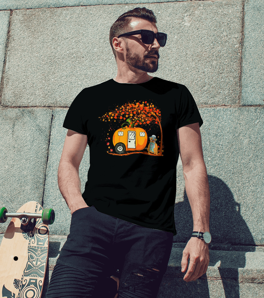 Bulldog With Pumpkin Camping Van Under Autumn Tree T-Shirt