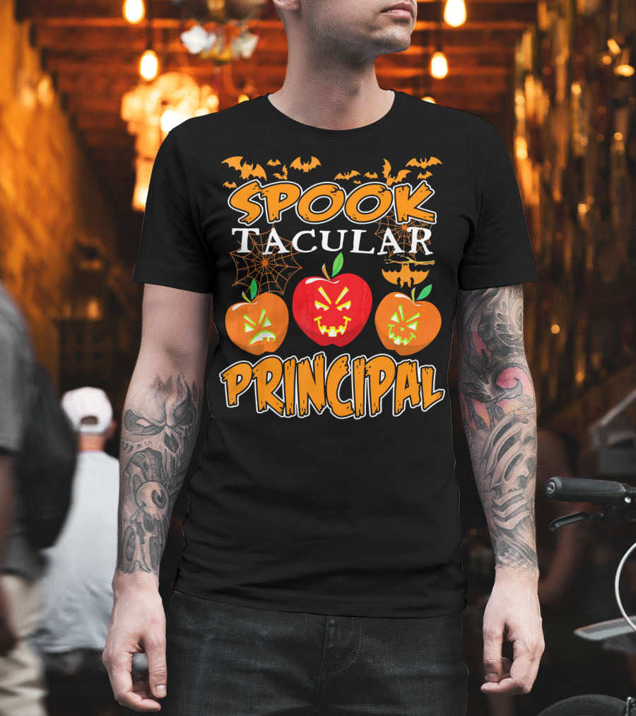 Spooktacular Principal Halloween Pumpkins And Bats T-Shirt