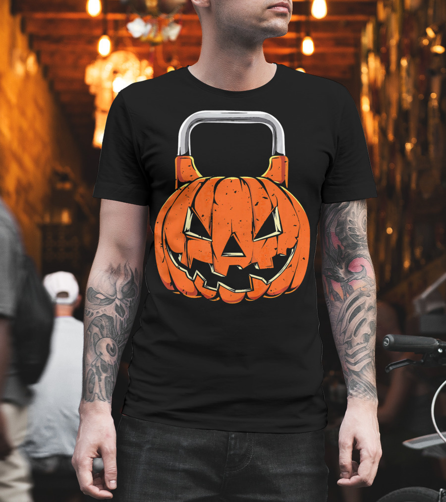 Kettlebell Fitness Gym and Spooky Pumpkin Halloween Workout T-Shirt