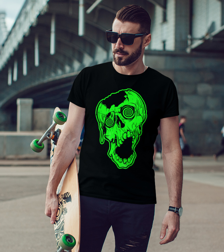 Retro Neon Zombie Skull Skateboarding Style 80s T-Shirt