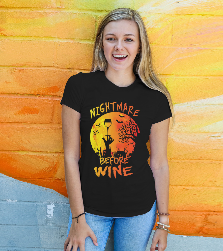 Nightmare Before Wine Halloween Scary Moon Scene T-Shirt