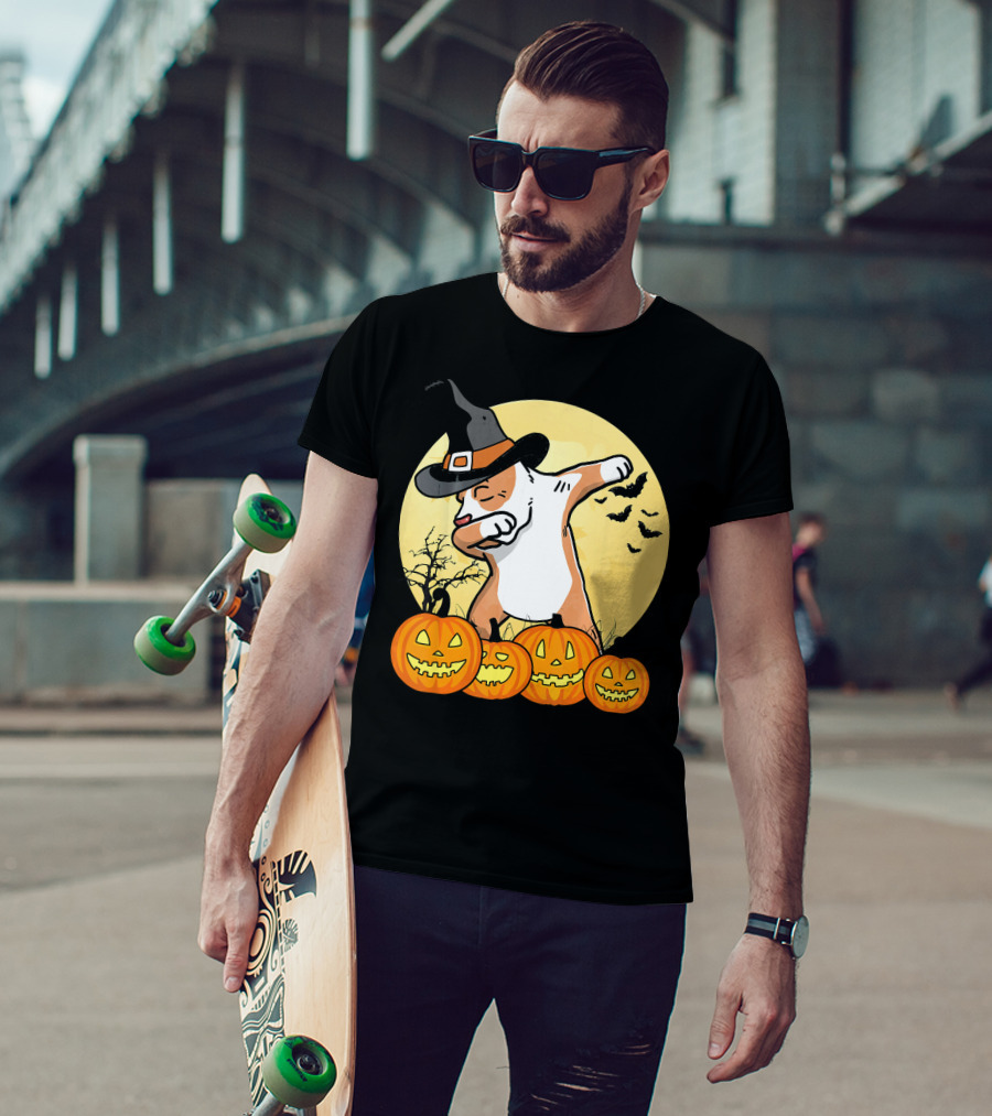 Dabbing Pit Bull Halloween Witch Hat Pumpkins Bats Dance Funny Dog T-Shirt