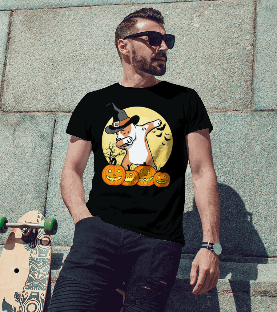 Dabbing Pit Bull Halloween Witch Hat Pumpkins Bats Dance Funny Dog T-Shirt