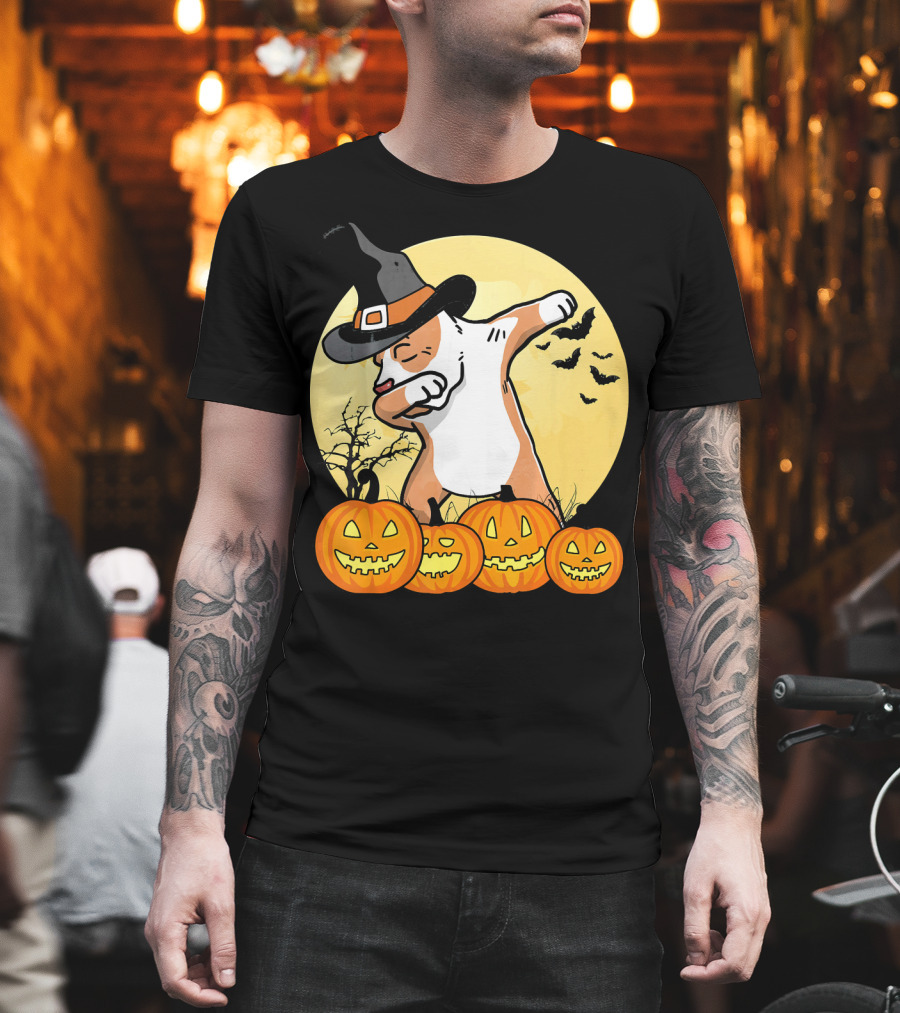 Dabbing Pit Bull Halloween Witch Hat Pumpkins Bats Dance Funny Dog T-Shirt