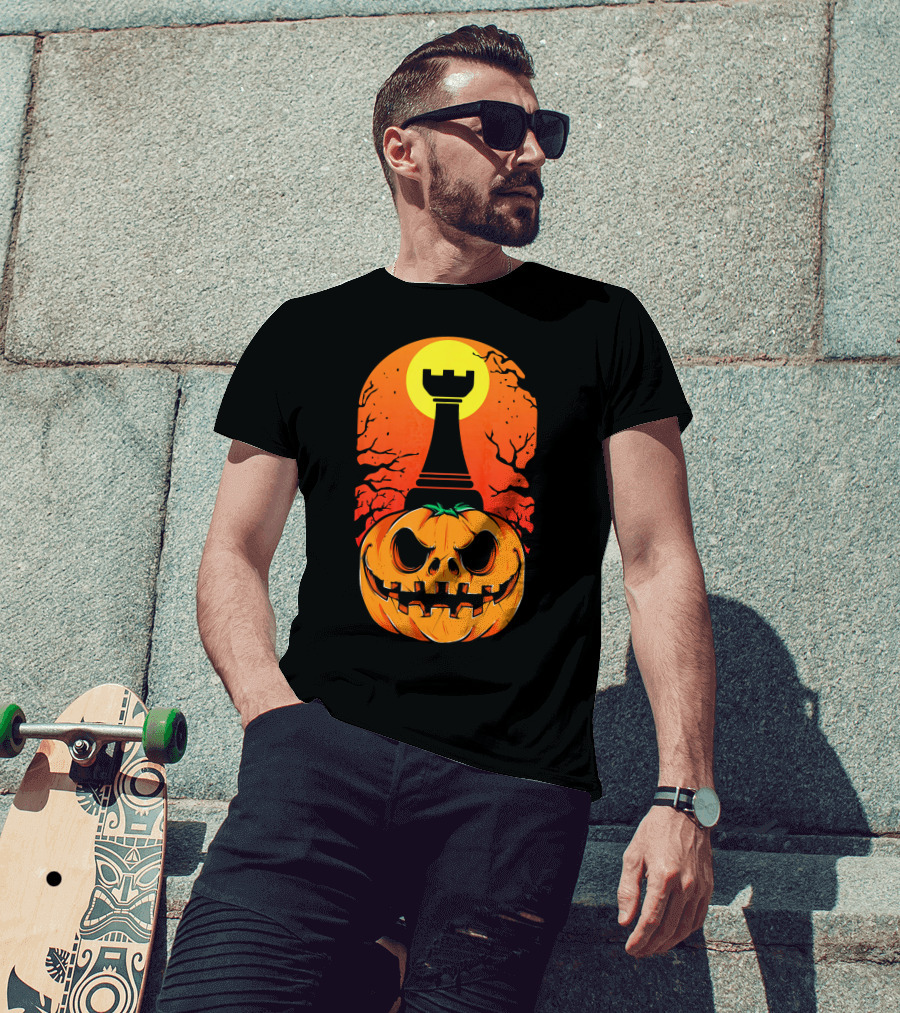 Spooky Rook Pumpkin Halloween Chess Tower Moon T-Shirt