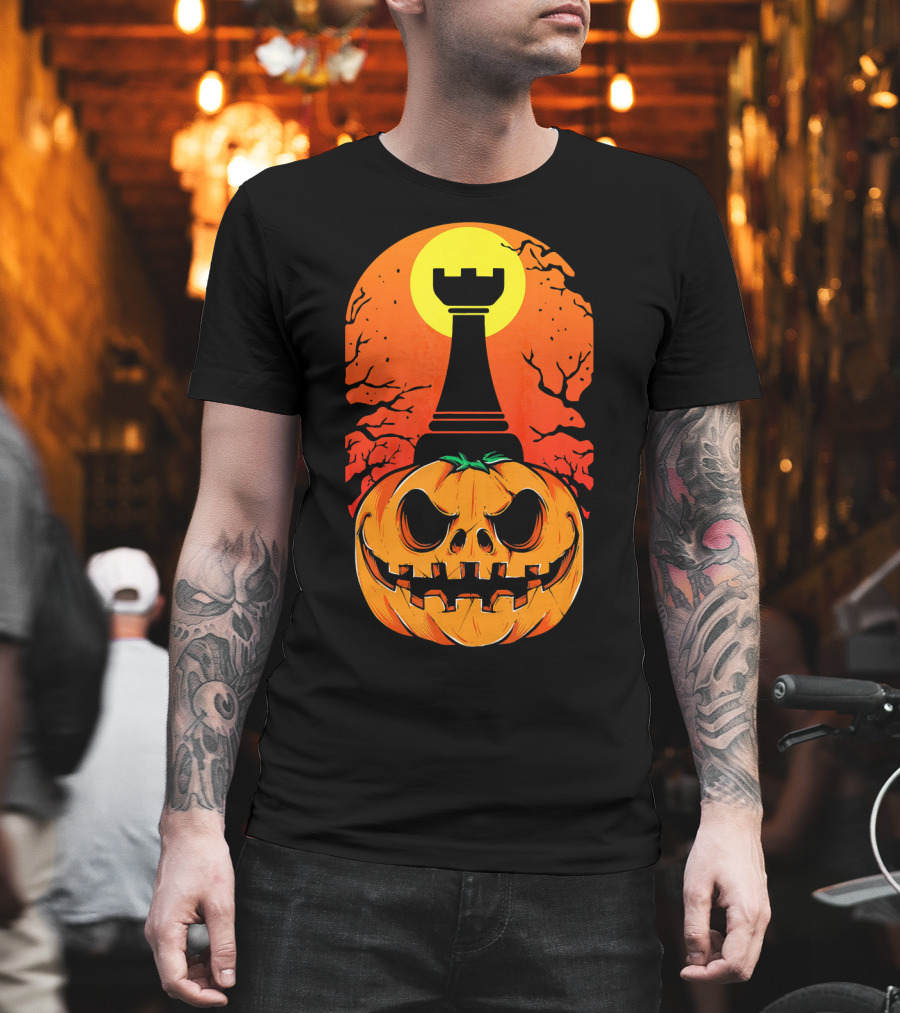 Spooky Rook Pumpkin Halloween Chess Tower Moon T-Shirt