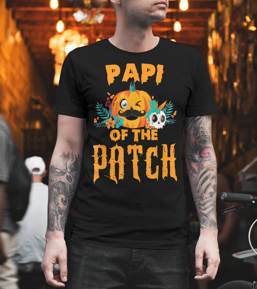 Papi of the Patch Pumpkin Winking Mustache Skull Flowers T-Shirt