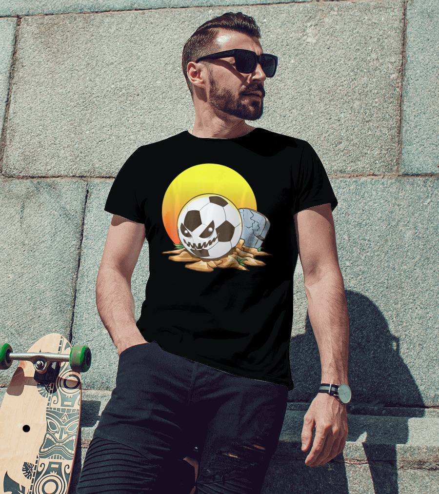 Soccer Halloween Goal With Spooky Jack-O'-Lantern Face And Graveyard Scene T-Shirt