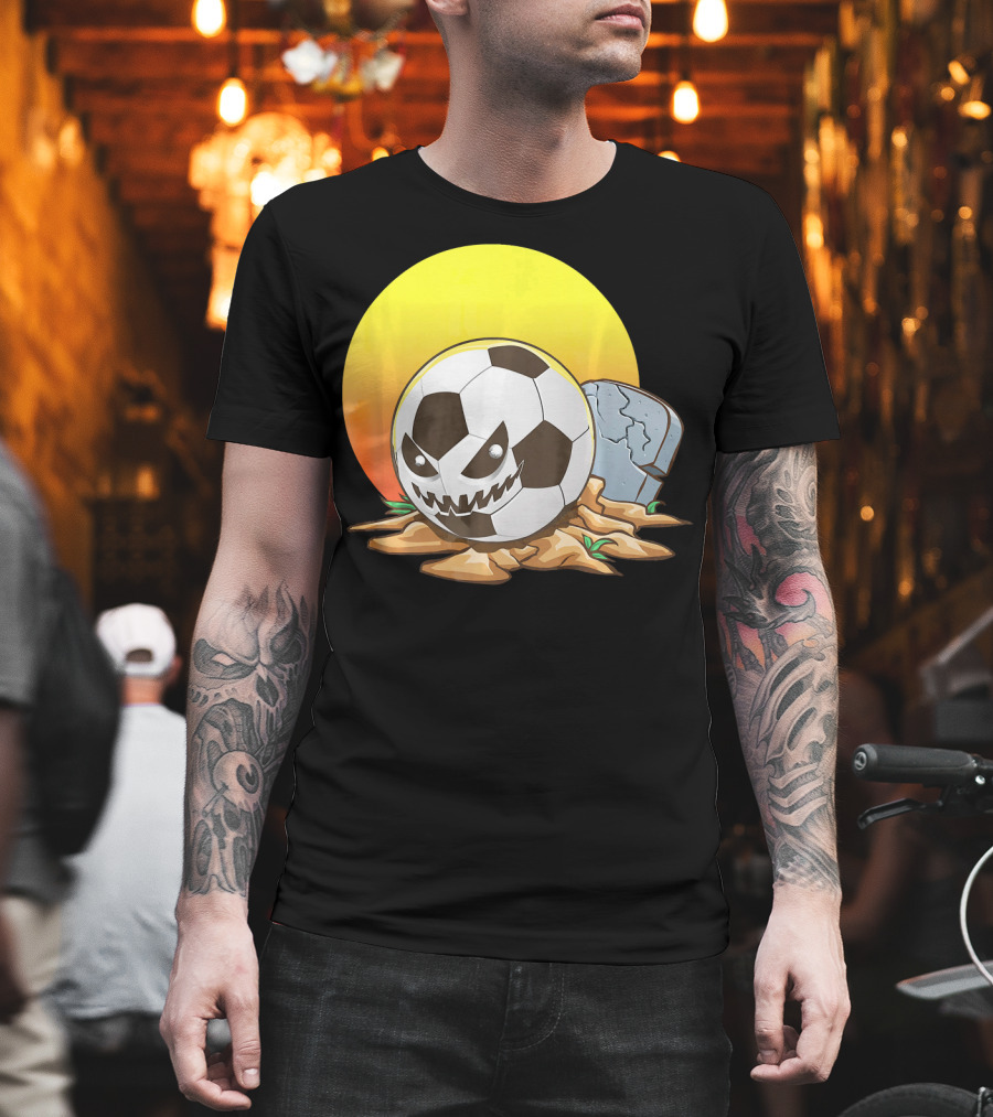 Soccer Halloween Goal with Spooky Jack-O'-Lantern Face and Graveyard Scene T-Shirt