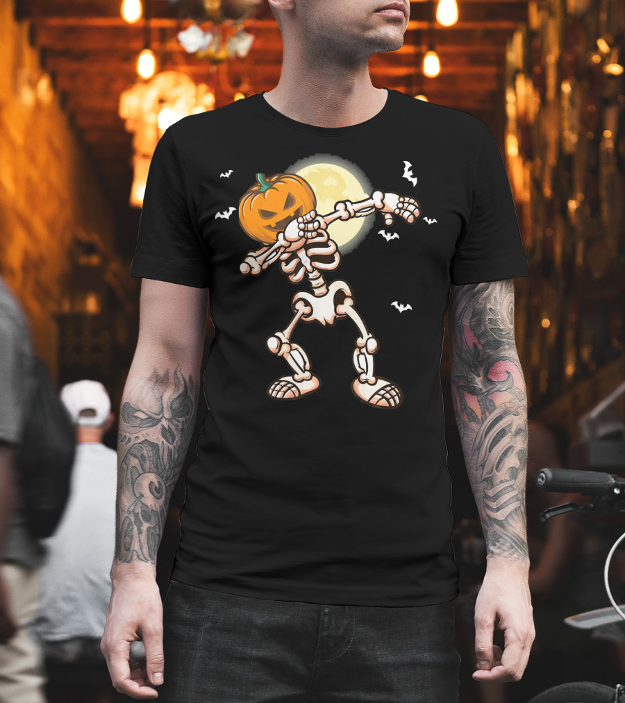 Skeleton Dabbing With Pumpkin Head And Bats T-Shirt