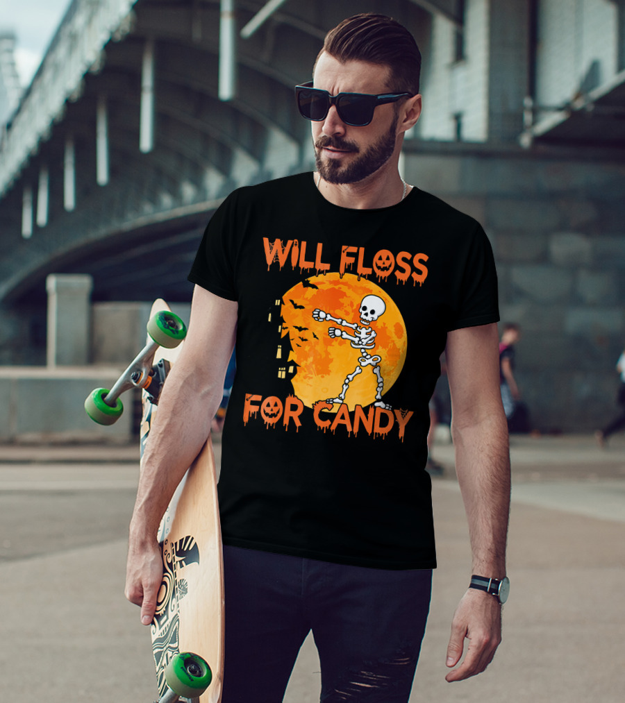 Will Floss For Candy Dancing Skeleton Halloween Moon Bats T-Shirt