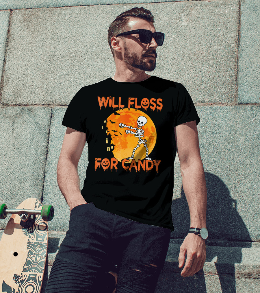 Will Floss For Candy Dancing Skeleton Halloween Moon Bats T-Shirt